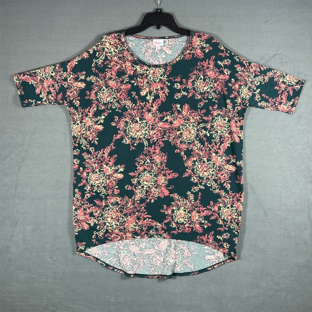 LuLaRoe Womens Irma Tunic Size M Green Pink Floral Oversized Short Sleeve Hem